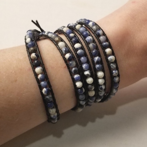 NEW Sodalite and Leather 5 Wrap Bracelet, OS, Handmade - Picture 2 of 3